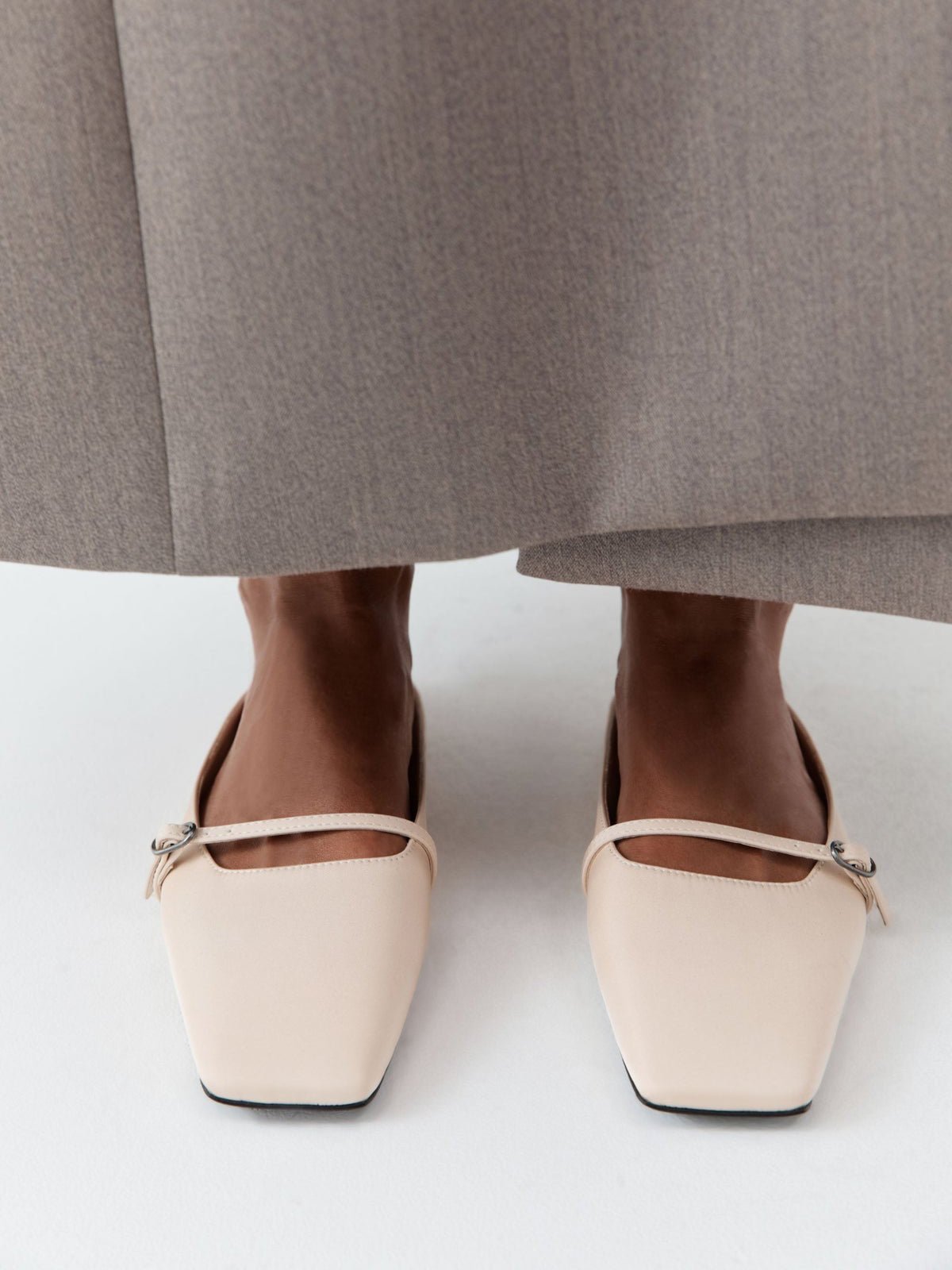 Light Beige Square-Toe Front Strap Slip-On Flats