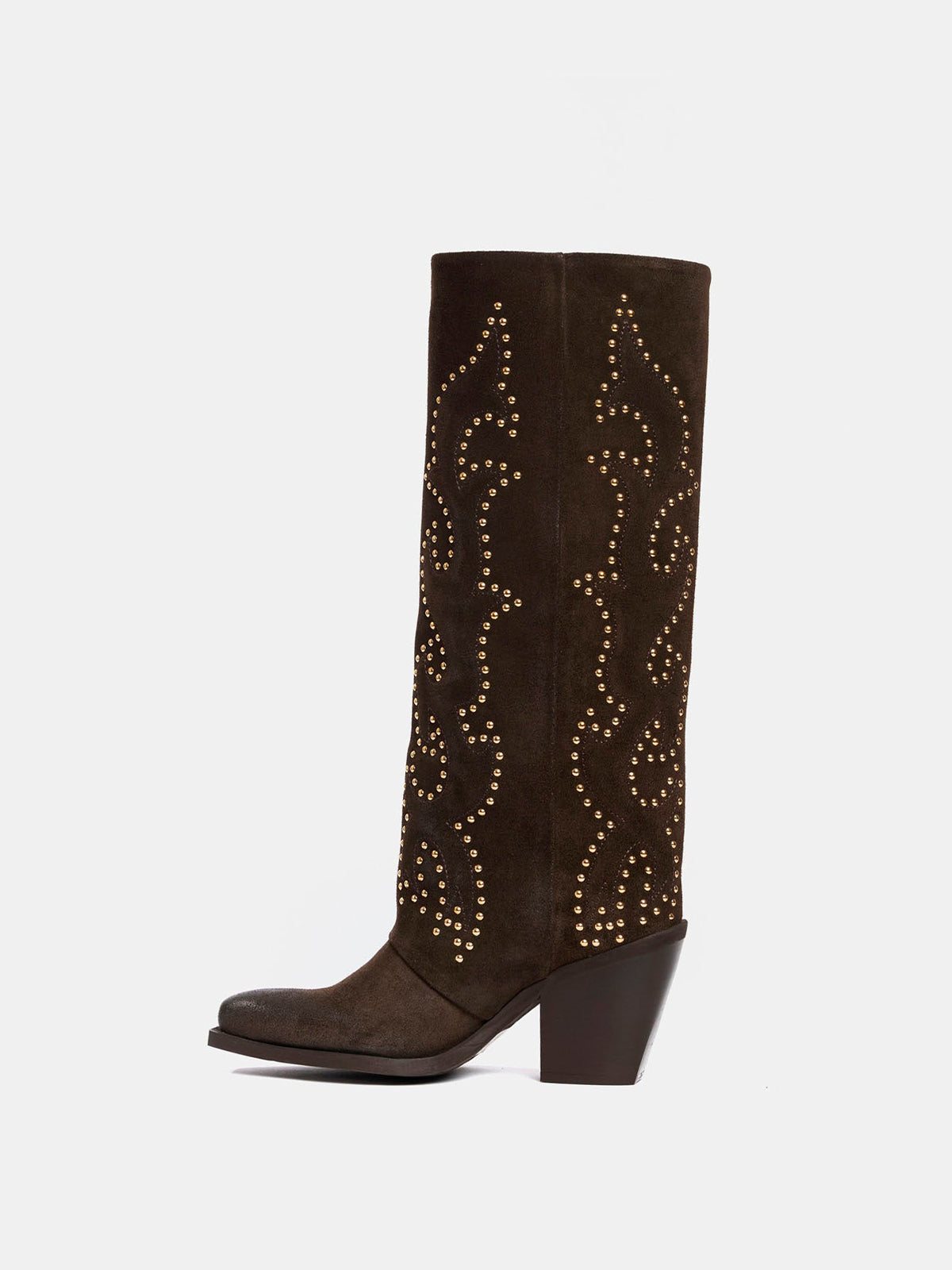 Brown Faux Suede Snip-Toe Embroidery Gold Studs Wide Calf Knee High Cowgirl Boots