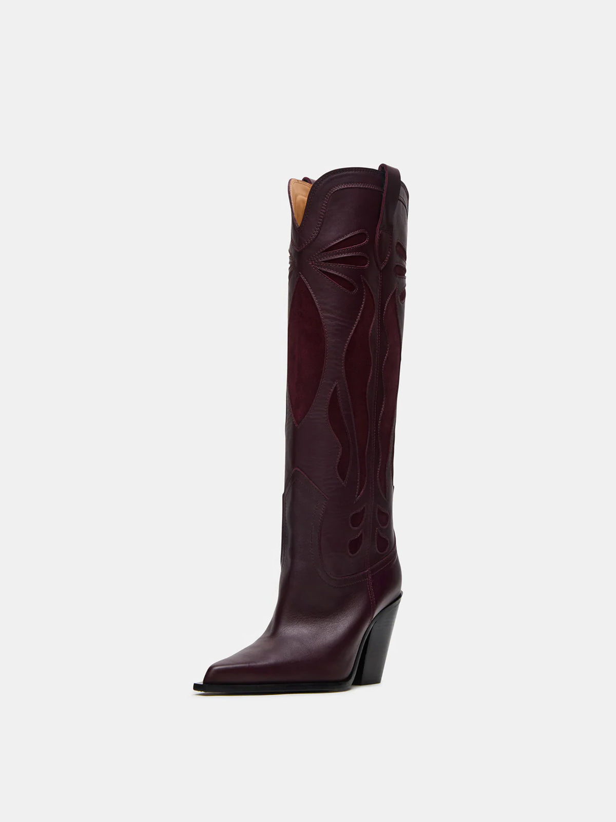 Wine Red Pointed-Toe Inlays Knee High Tall Wide Calf Cowgirl Boots