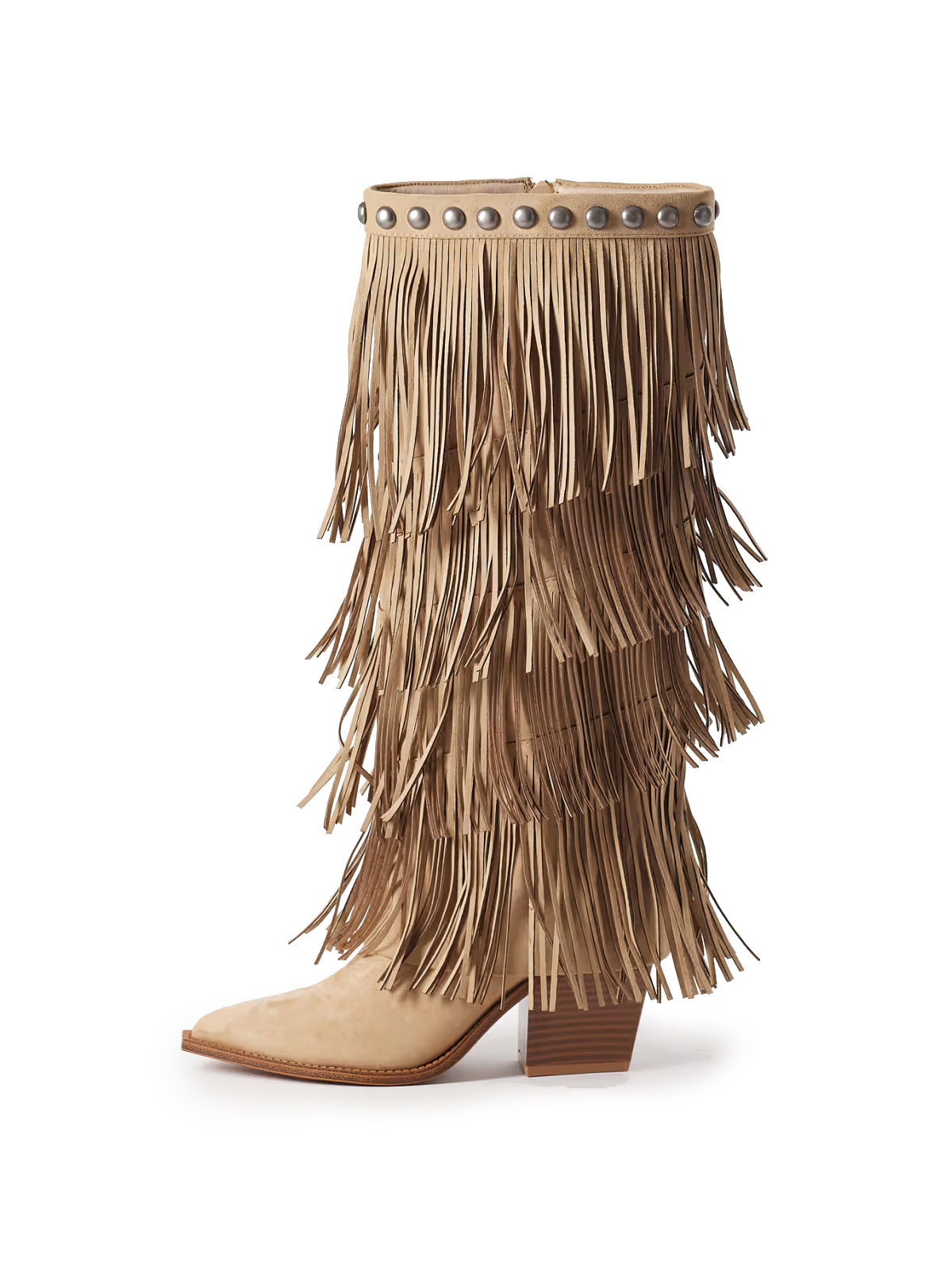 Sand Pointed-Toe Fringe And Studs Full-Zip Knee High Tall Cowgirl Boots