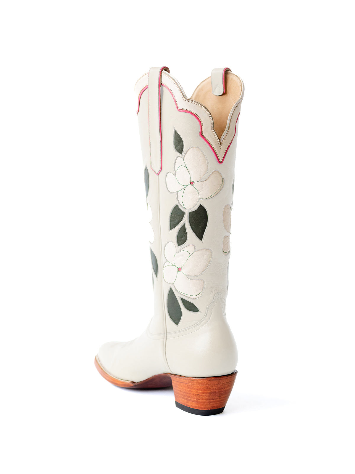 White Almond-Toe White Flower Inlay Wide Calf Knee High Cowgirl Boots