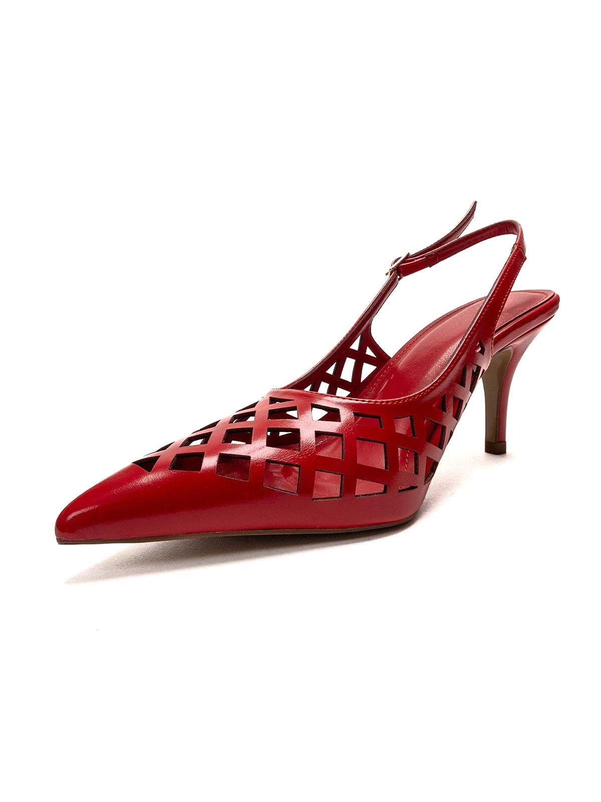 Red Pointed-Toe Cutout Chic Buckle Back Strap Kitten Heels