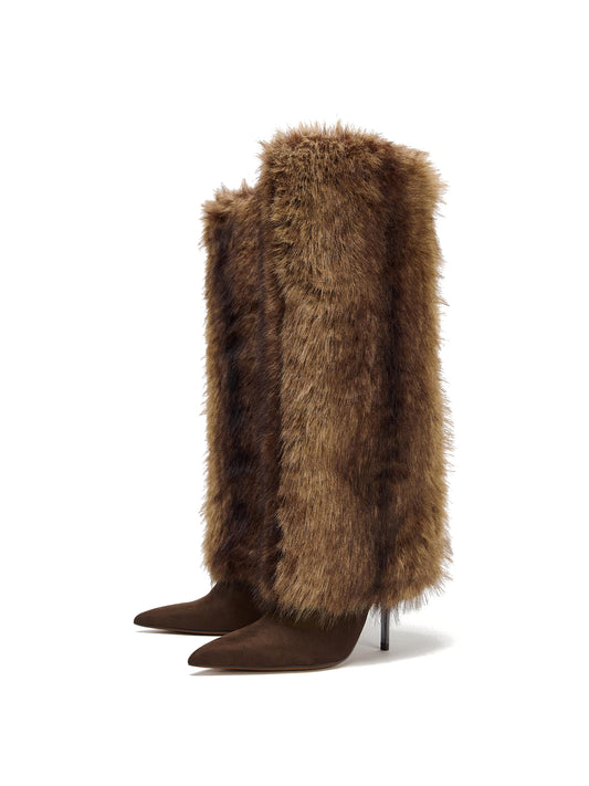 Brown Faux Suede Pointed-Toe Plush Wide Calf Knee High Stiletto Boots