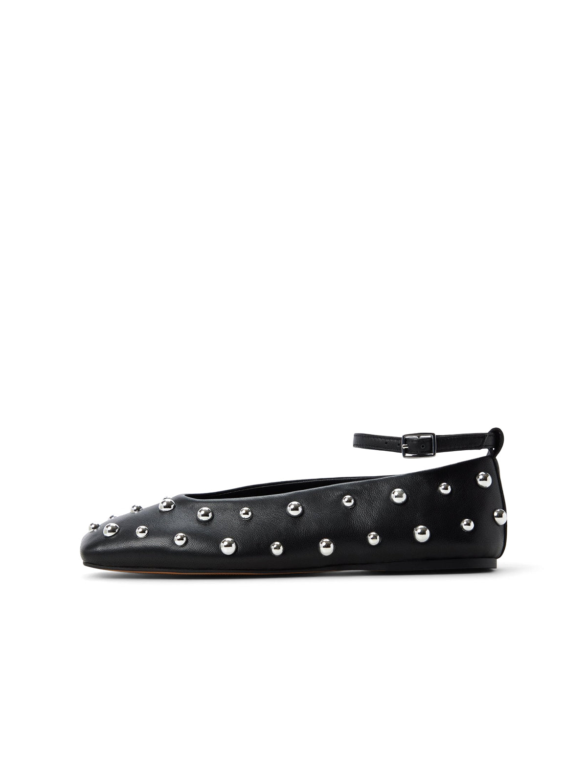 Black Square-Toe Full Studs Ankle Strap Ballet Flats