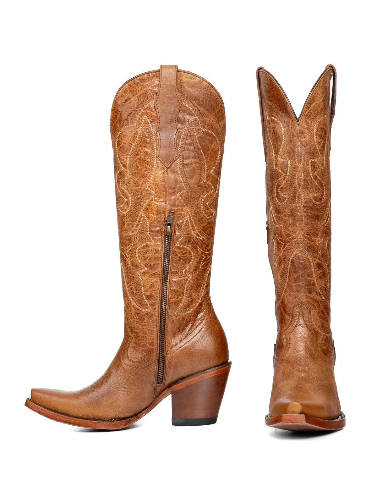 Western Snip-Toe Embroidery Half-Zip Knee High Chic Cowgirl Boots - Tan