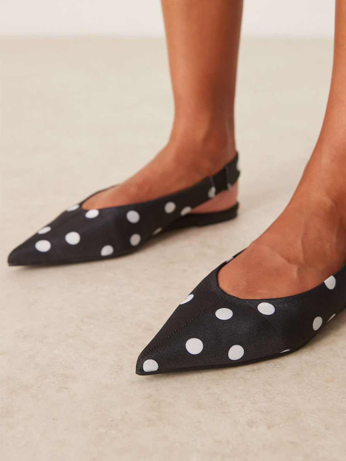 Black Polka Dot Satin Pointed-Toe Elasticated Slingback Strap Flats