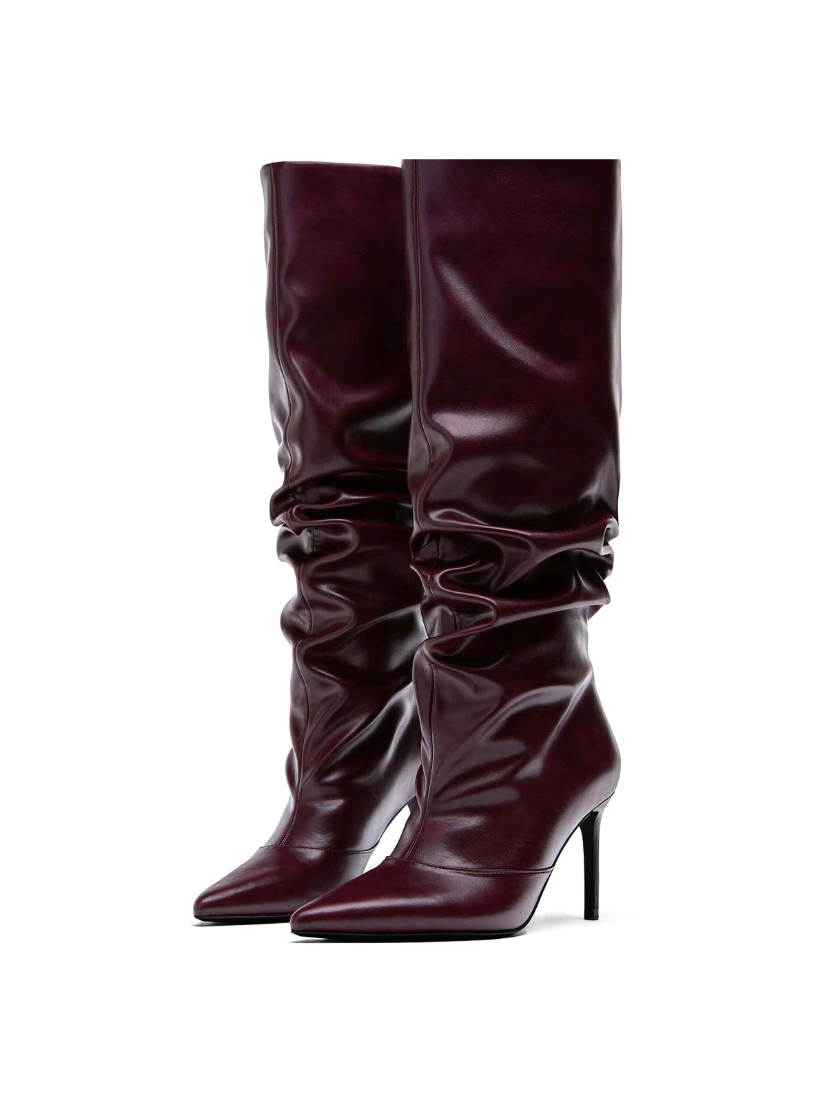 Burgundy Pointed-Toe Slouchy Wide Calf Knee High Stiletto Boots