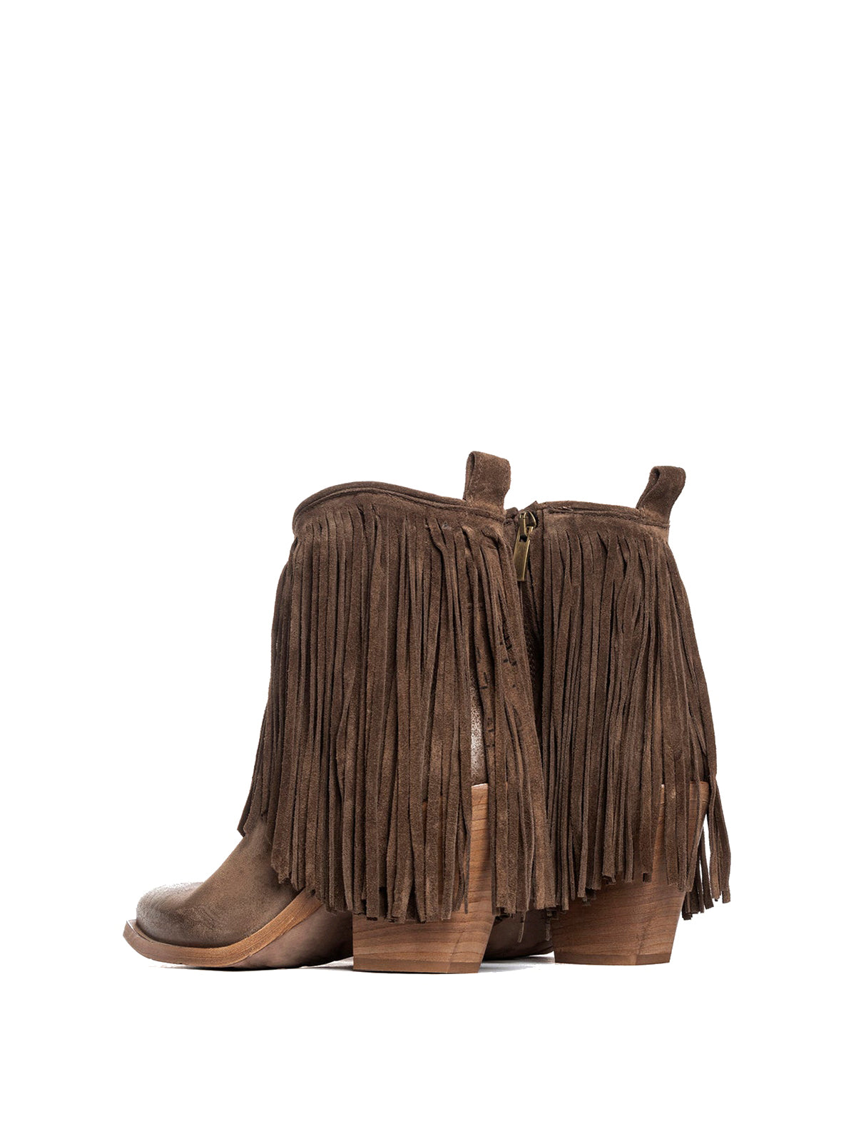 Dark Brown Faux Suede Snip-Toe Fringe Full-Zip Ankle Cowgirl Boots