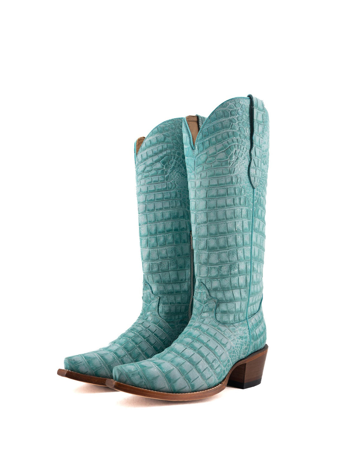 Turquoise Crocodile Print Snip-Toe Half-Zip Knee High Cowgirl Boots