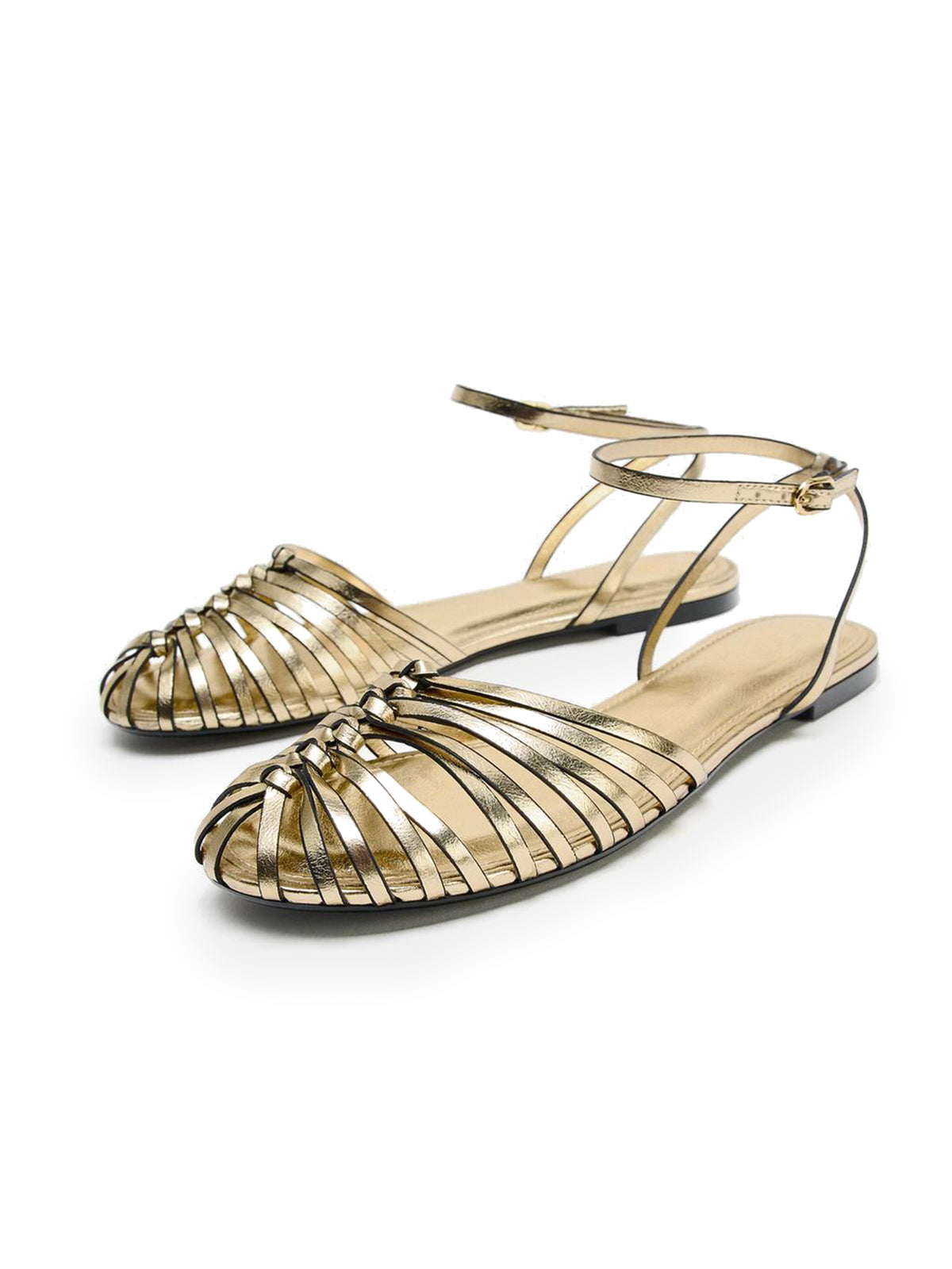 Metallic Gold Woven Vegan Leather Round-Toe Ankle Strap Flats