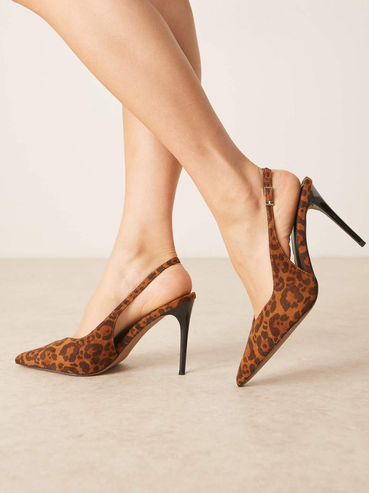 Leopard Faux Suede Pointed-Toe Classic Buckle Slingback High Heels