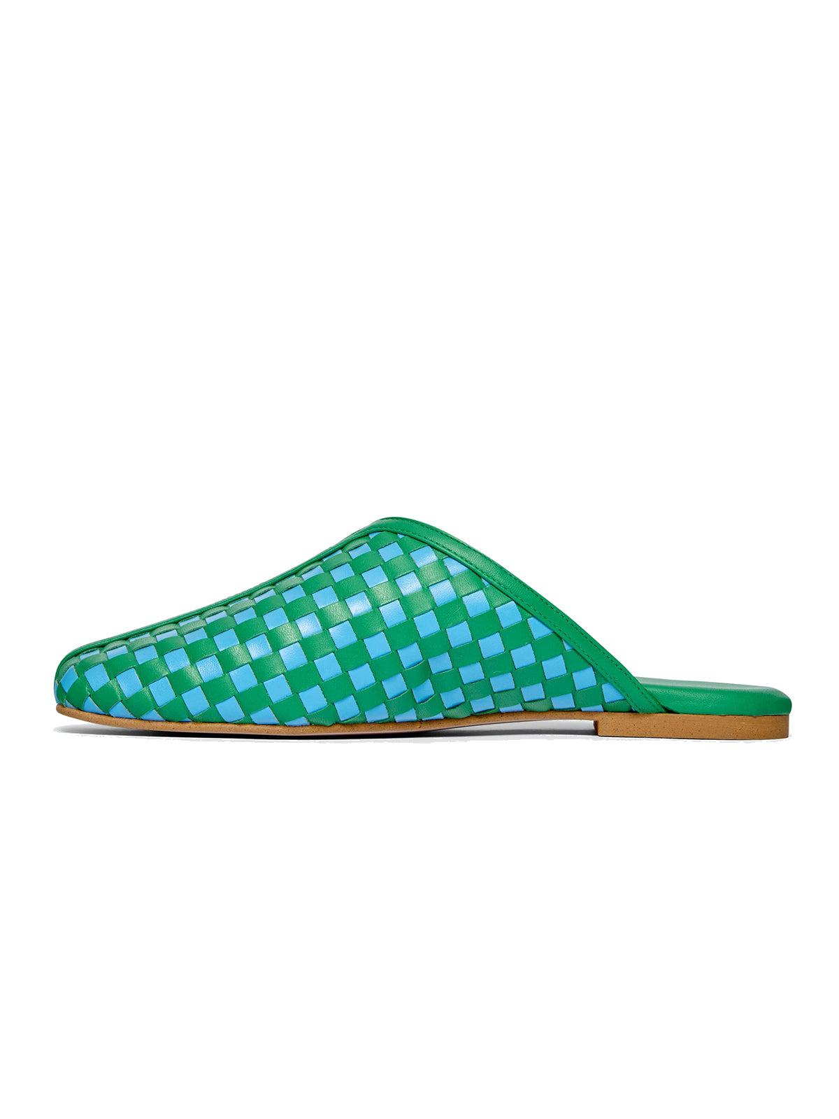 Green And Blue Woven Vegan Leather Square-Toe Simple Backless Slide Flats