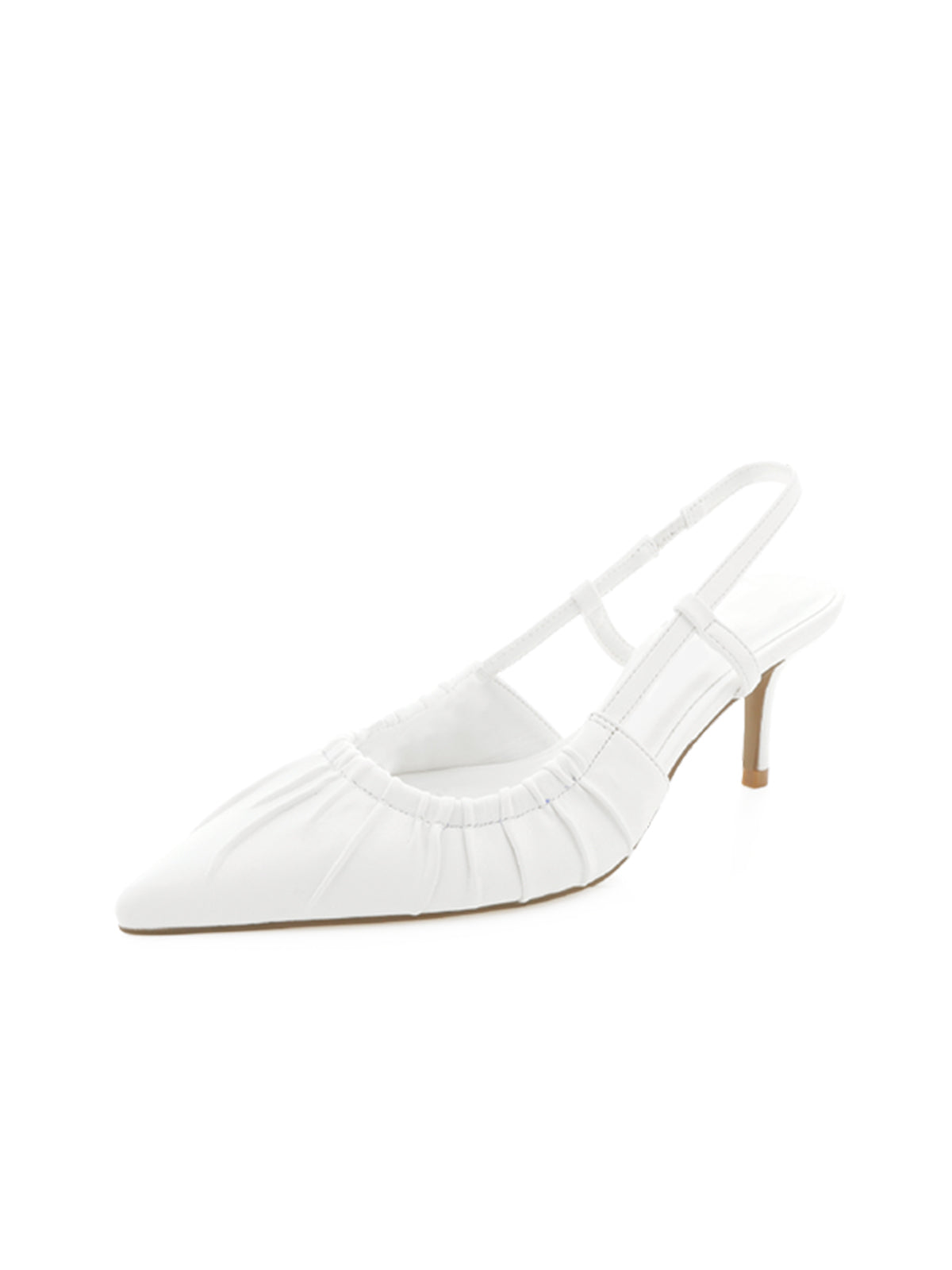 White Ruched Upper Pointed-Toe Slingback Kitten Heels