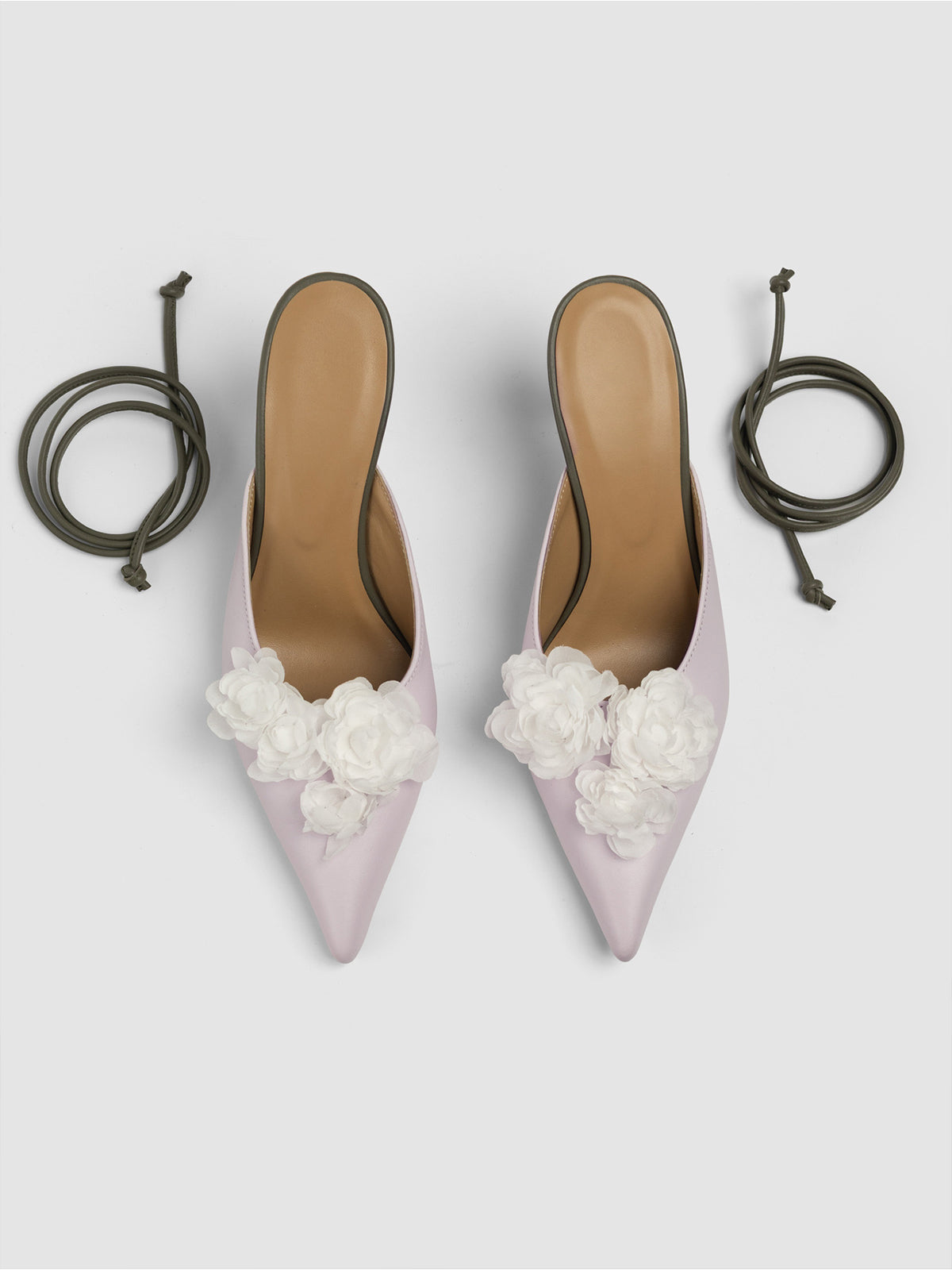 Light Lilac Pointed-Toe Front Floral Detail Backless Chic High Heels