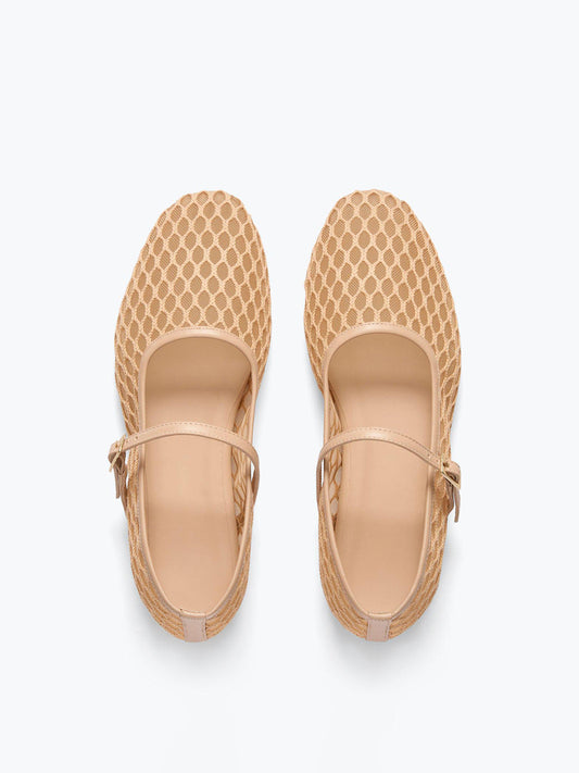 Natural Round-Toe Mesh Bridge Strap Mary Jane Flats