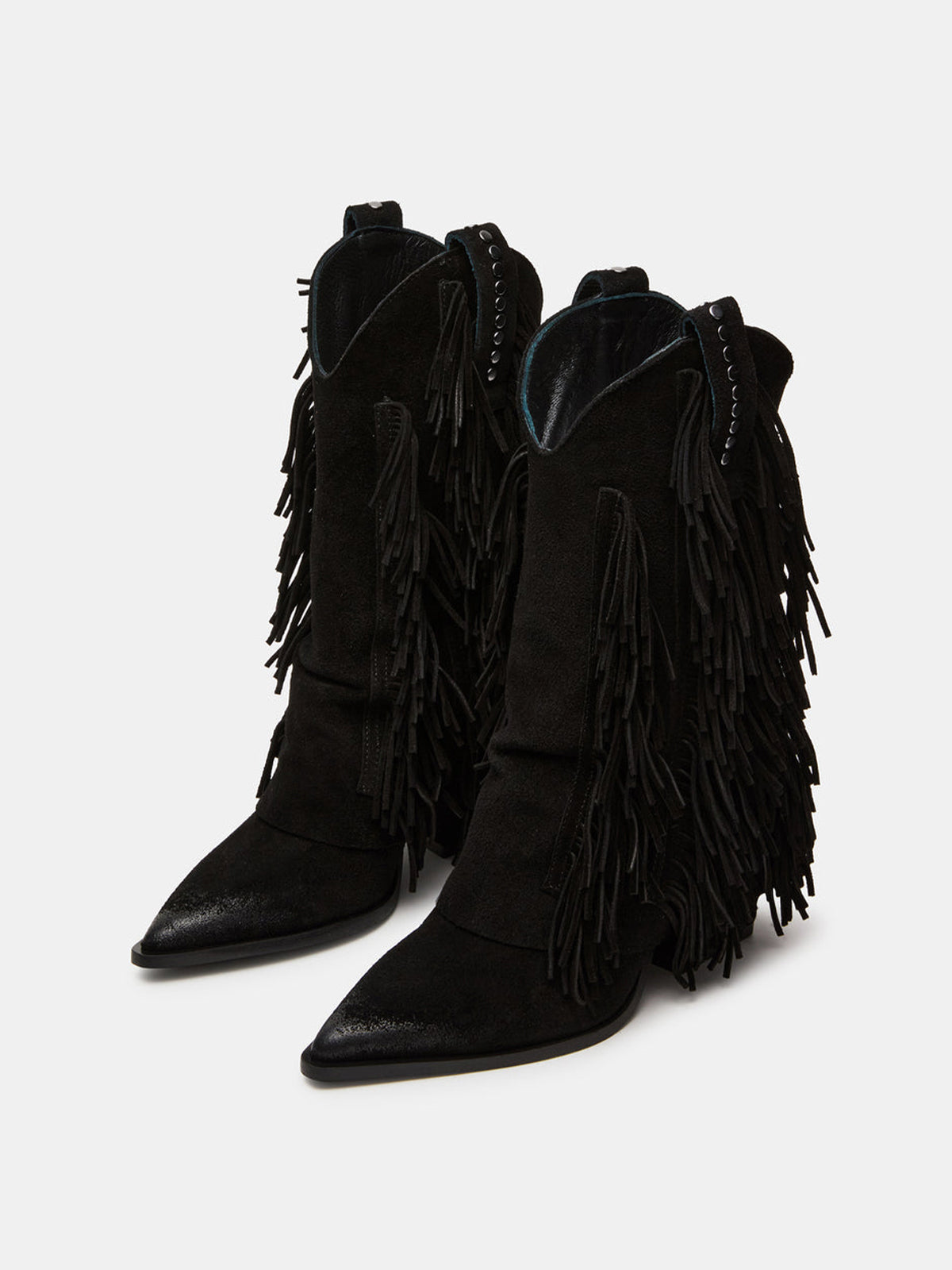 Black Faux Suede Pointed-Toe Full Fringe Fold-Over Mid Calf Cowgirl Boots