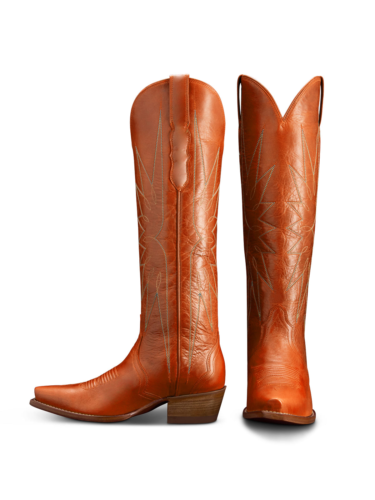 Distressed Orange Snip-Toe Embroidery Wide Calf Knee High Cowgirl Boots