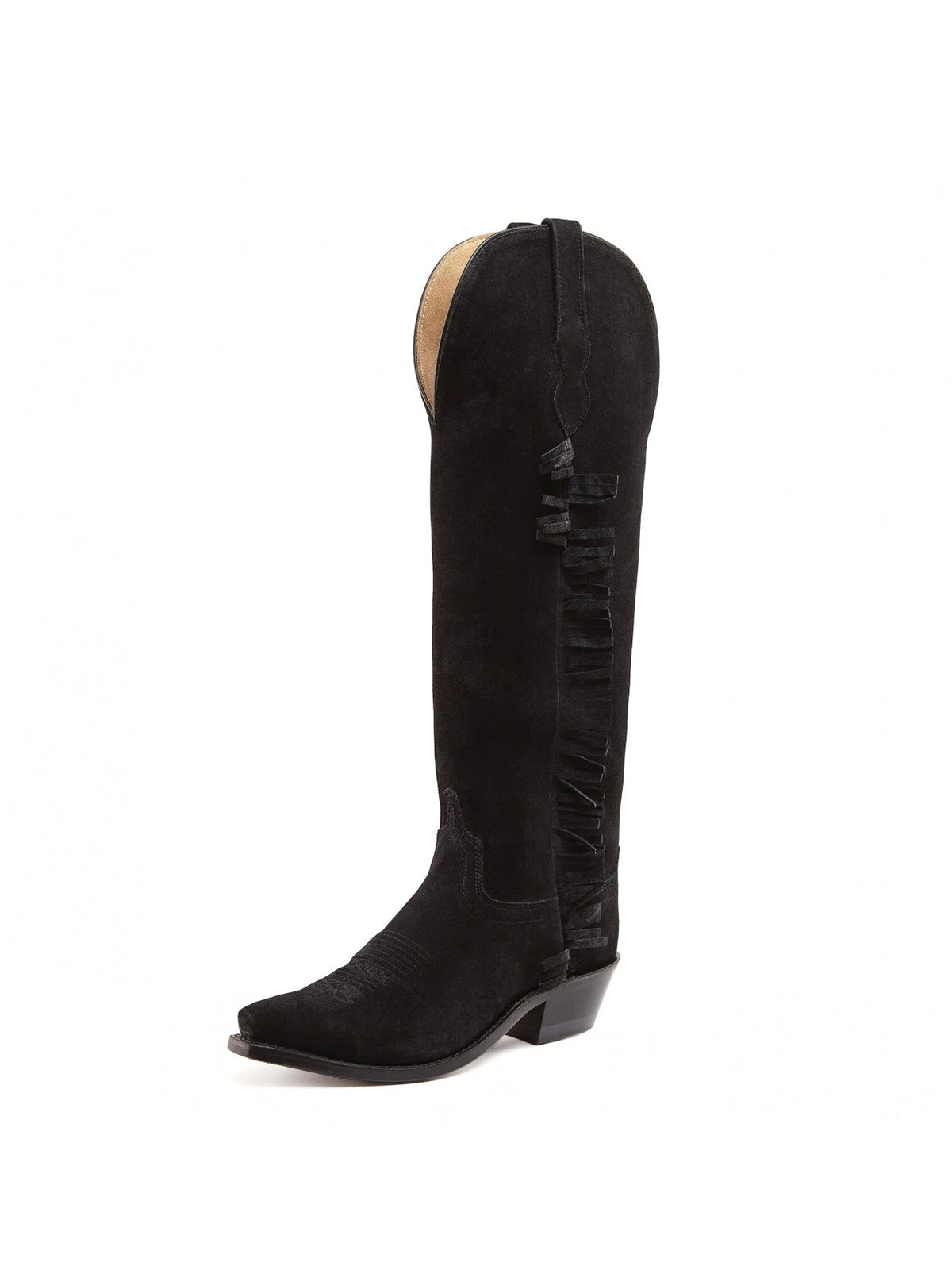 Black Faux Suede Snip-Toe Fringe Western Knee High Cowgirl Boots