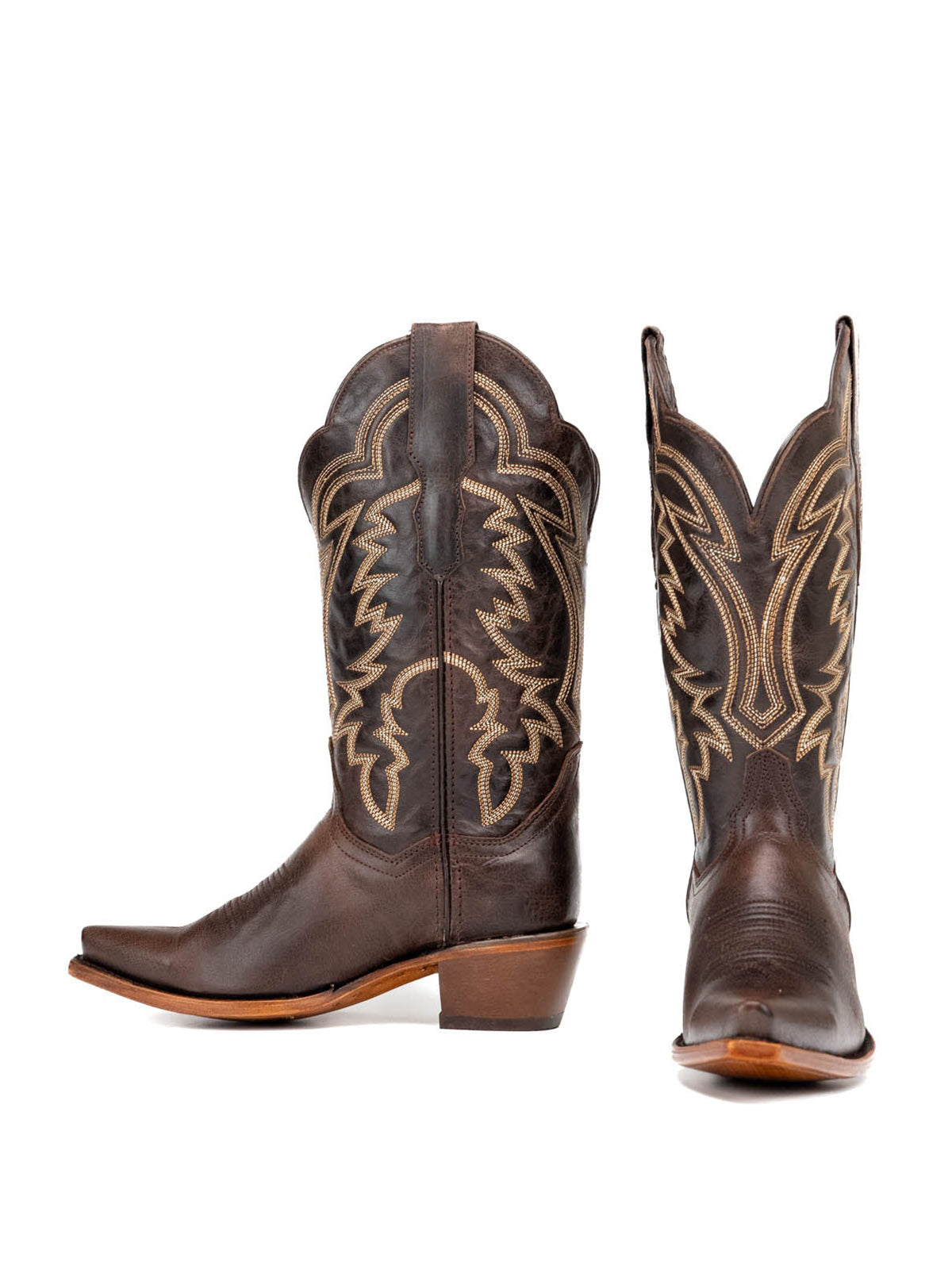Western Snip-Toe Embroidery Mid Calf Cowgirl Boots - Coffee