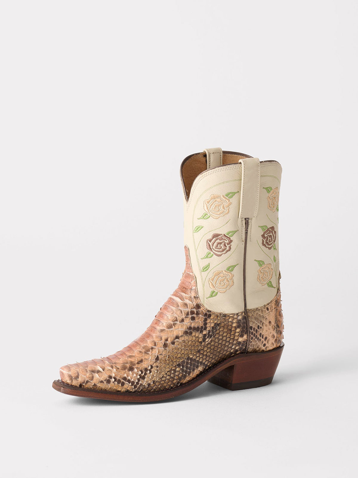 Contrast Tan And Snakeskin Snip-Toe Rose Embroidery Mid Calf Cowgirl Boots