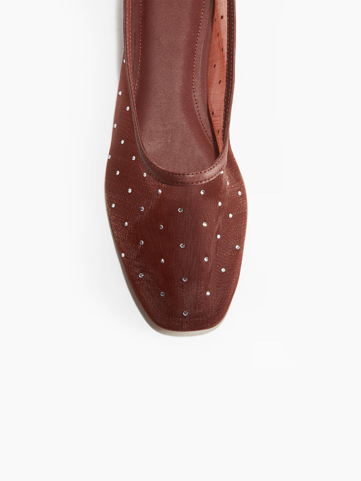 Rhinestone Mesh Square-Toe Ballet Flats - Red