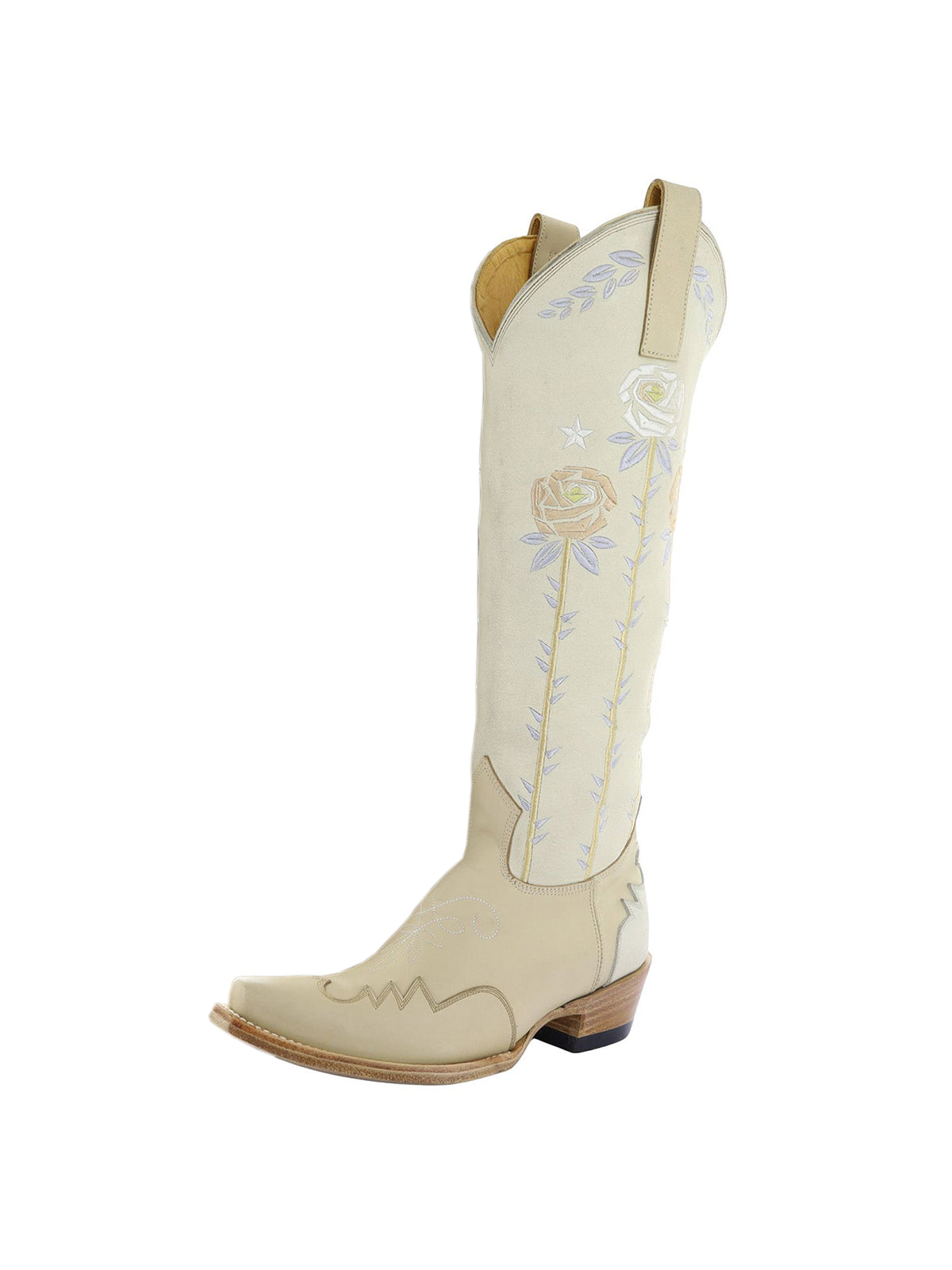 Beige Snip-Toe Colorful Roses Embroidery Full-Zip Knee High Cowgirl Boots