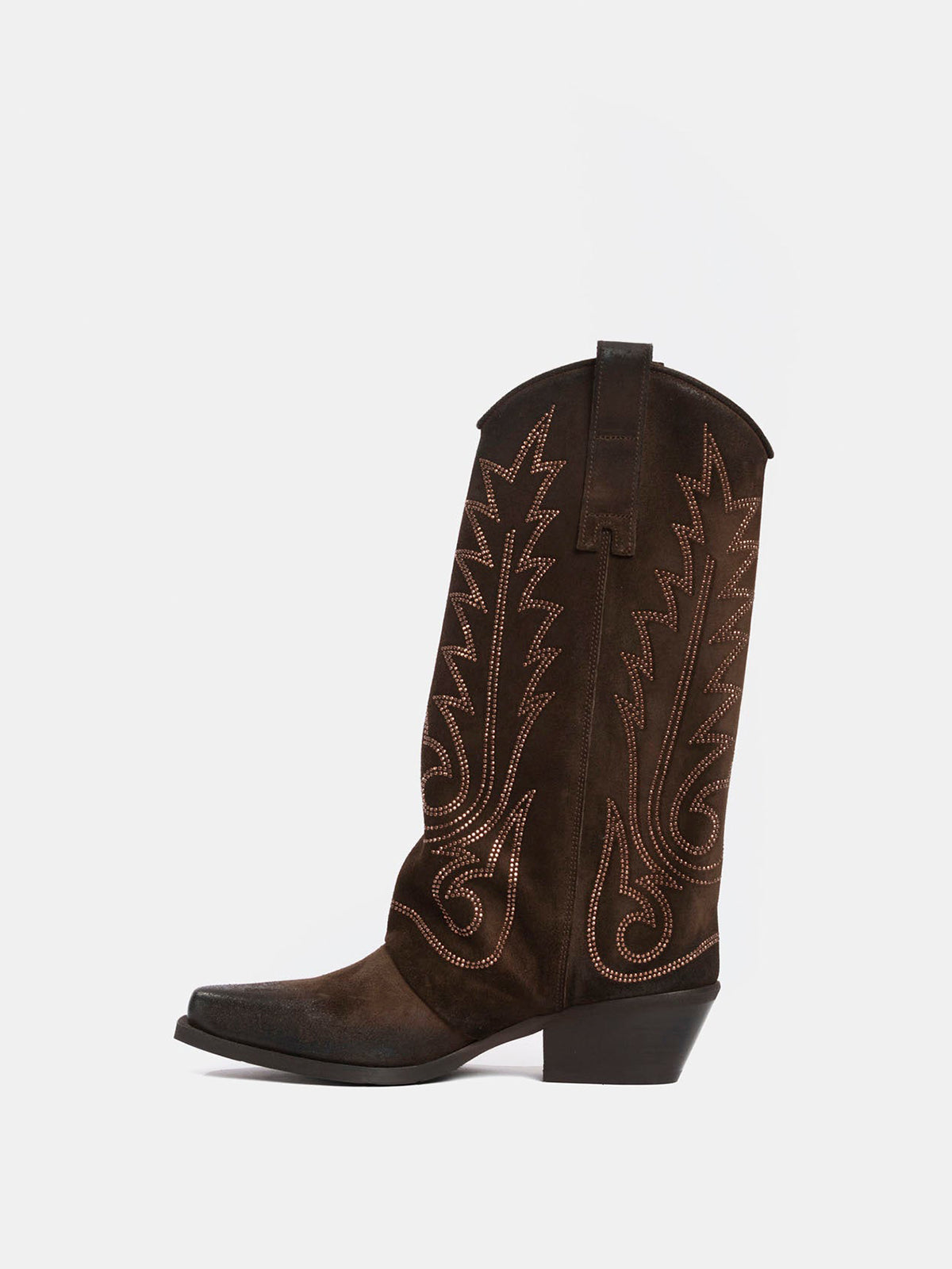 Brown Snip-Toe Faux Suede Embroidery Classic Mid Calf Cowgirl Boots
