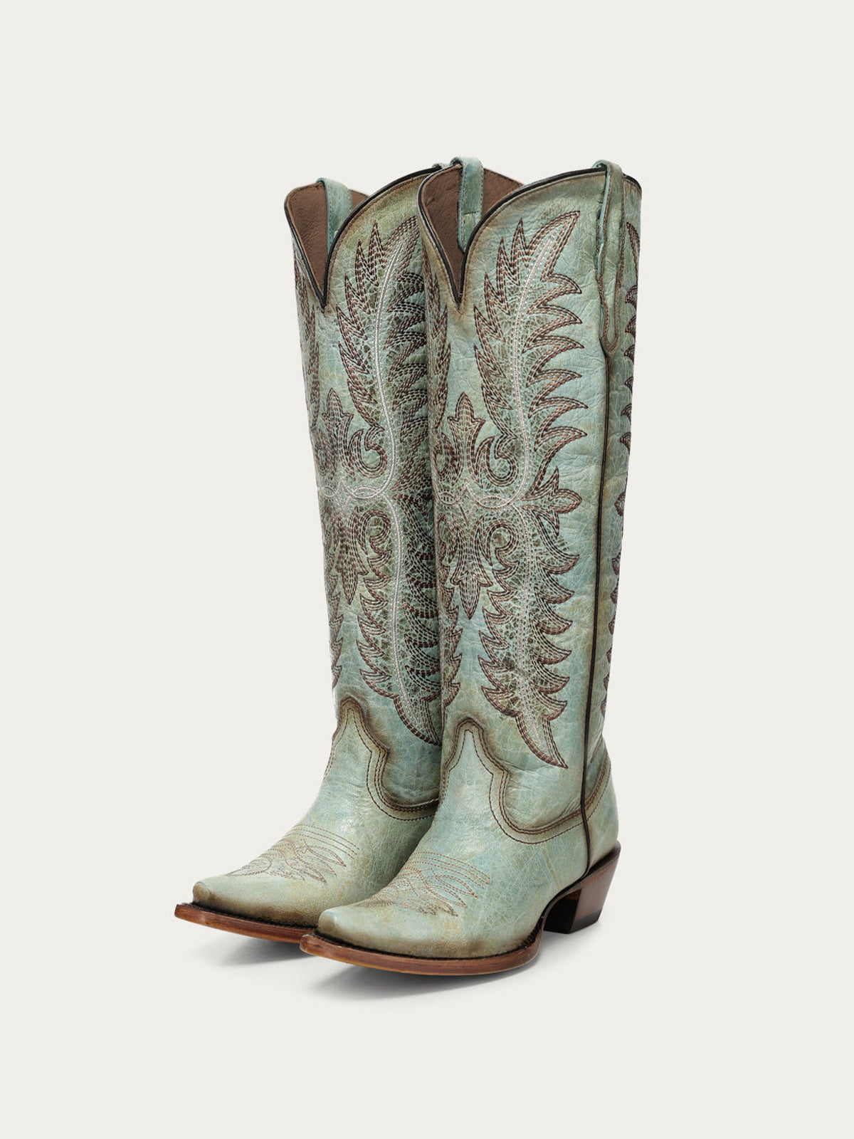Distressed Turquoise Snip-Toe Embroidery Retro Half-Zip Knee High Cowgirl Boots
