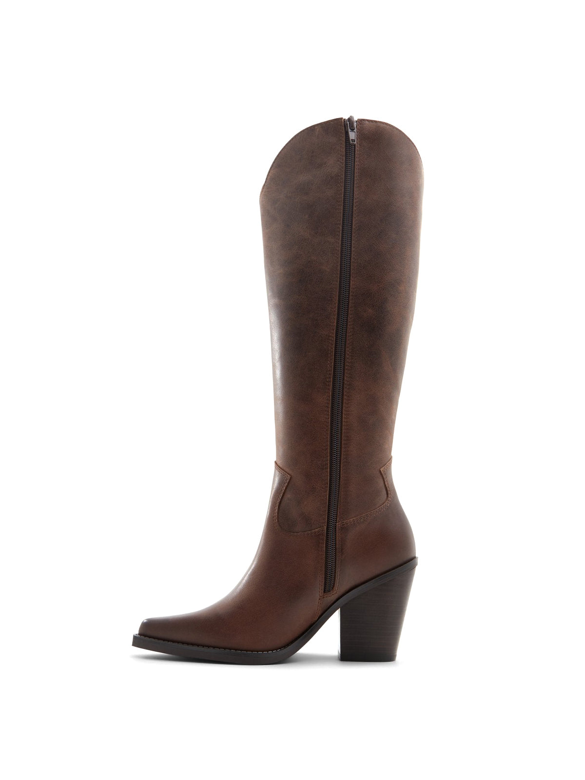 Brown Snip-Toe Simple Sleek Full-Zip Knee High Cowgirl Boots