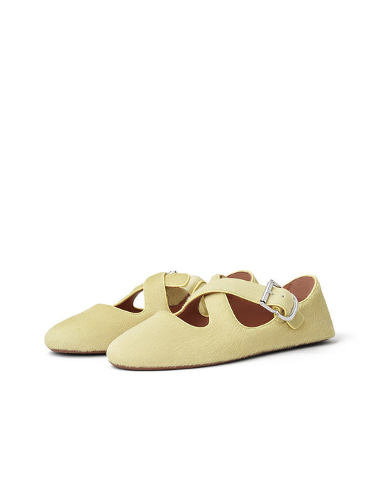 Light Yellow Pony Hair Round-Toe Criss Cross Strap Ballet Flats