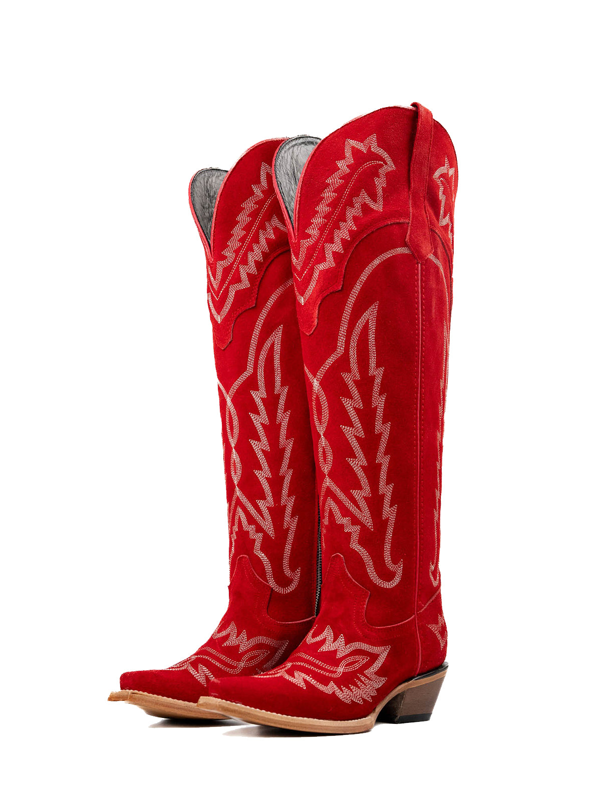 Red Faux Suede Snip-Toe Classic Embroidery Half-Zip Over-The-Knee Cowgirl Boots