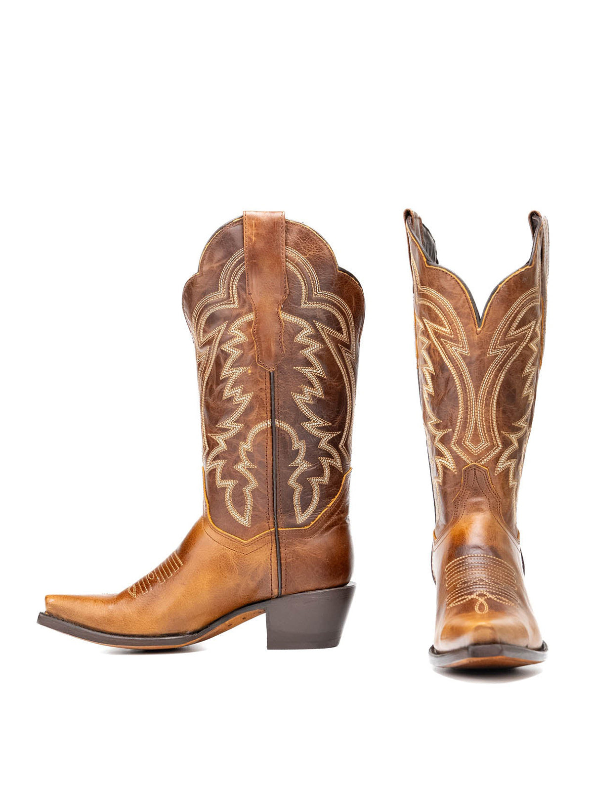 Western Snip-Toe Embroidery Mid Calf Cowgirl Boots - Tan