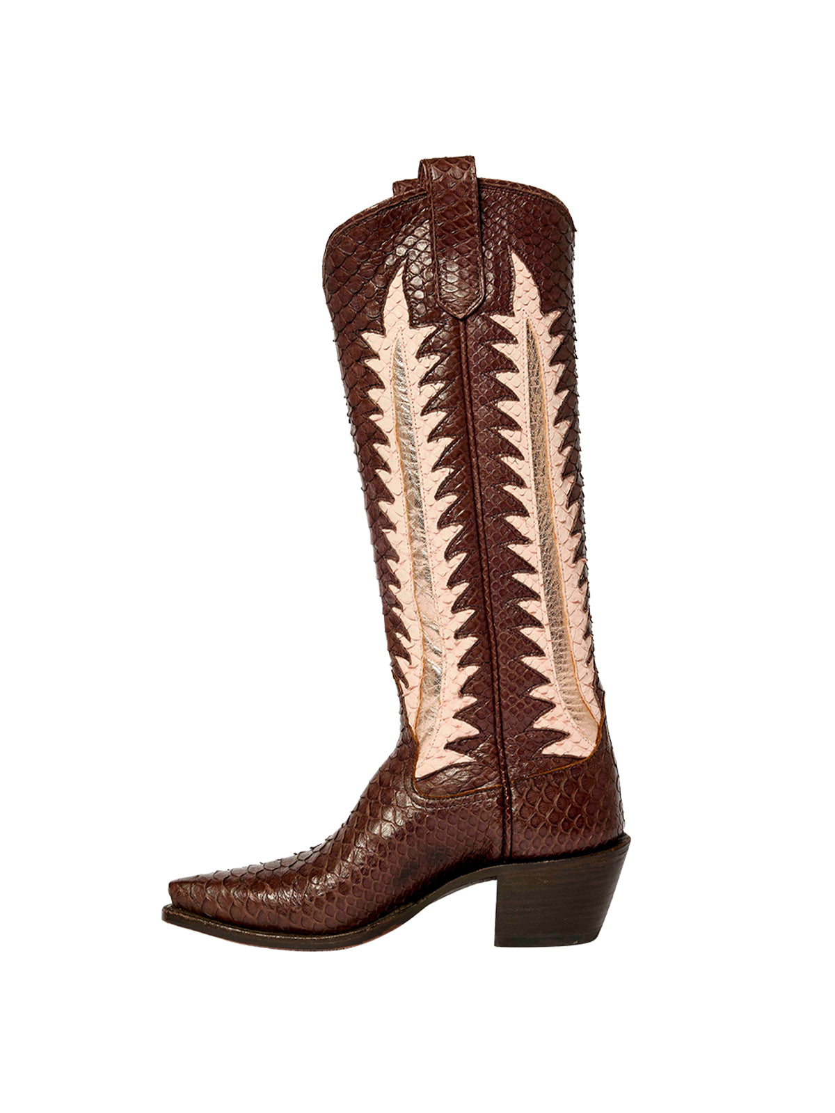 Chocolate Snakeskin Vegan Leather Gold Leaf Inlay Wide Calf Tall Knee High Cowgirl Boots
