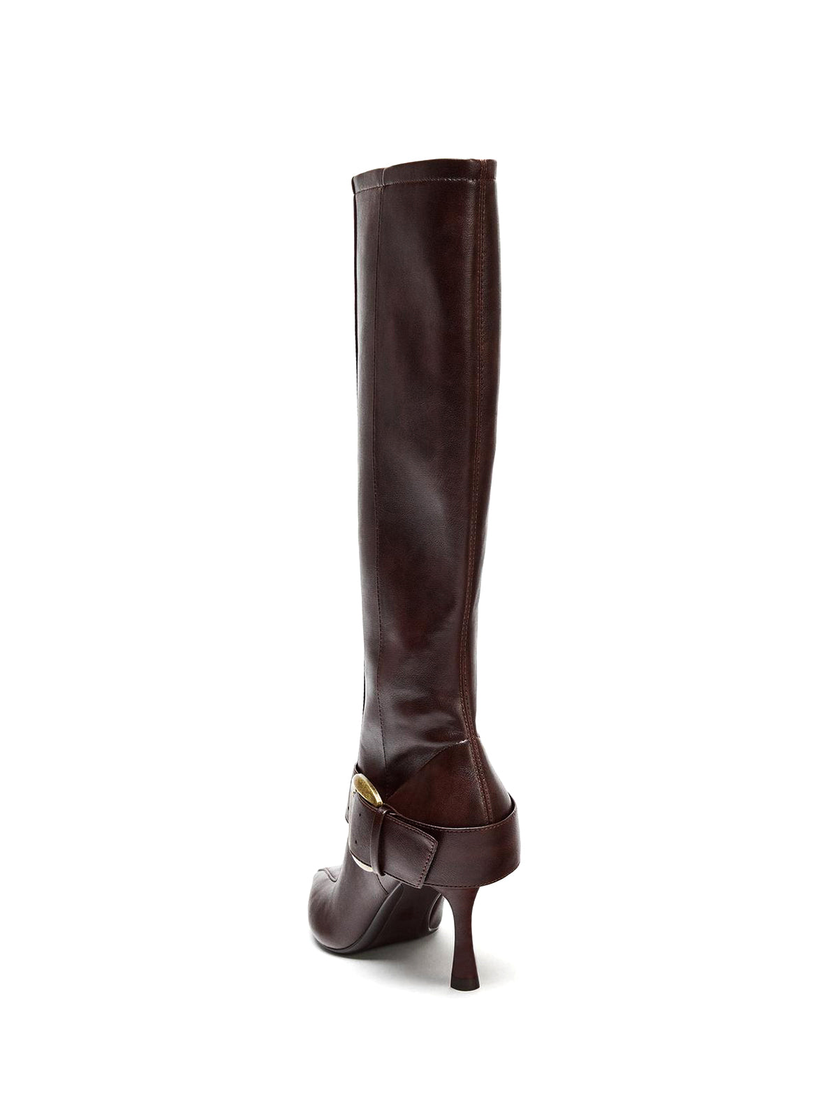 Brown Pointed-Toe Wide Buckle Strap Full-Zip Knee High Stiletto Boots