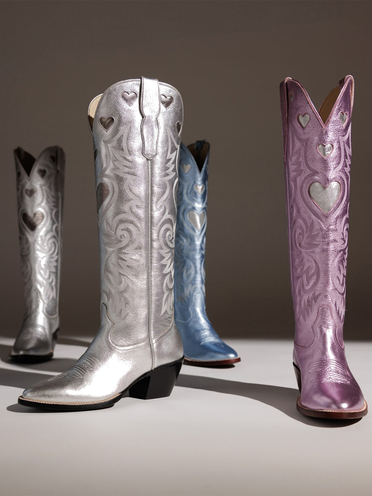 Metallic Silver Round-Toe Chic Hearts Inlay Wide Calf Knee High Cowgirl Boots
