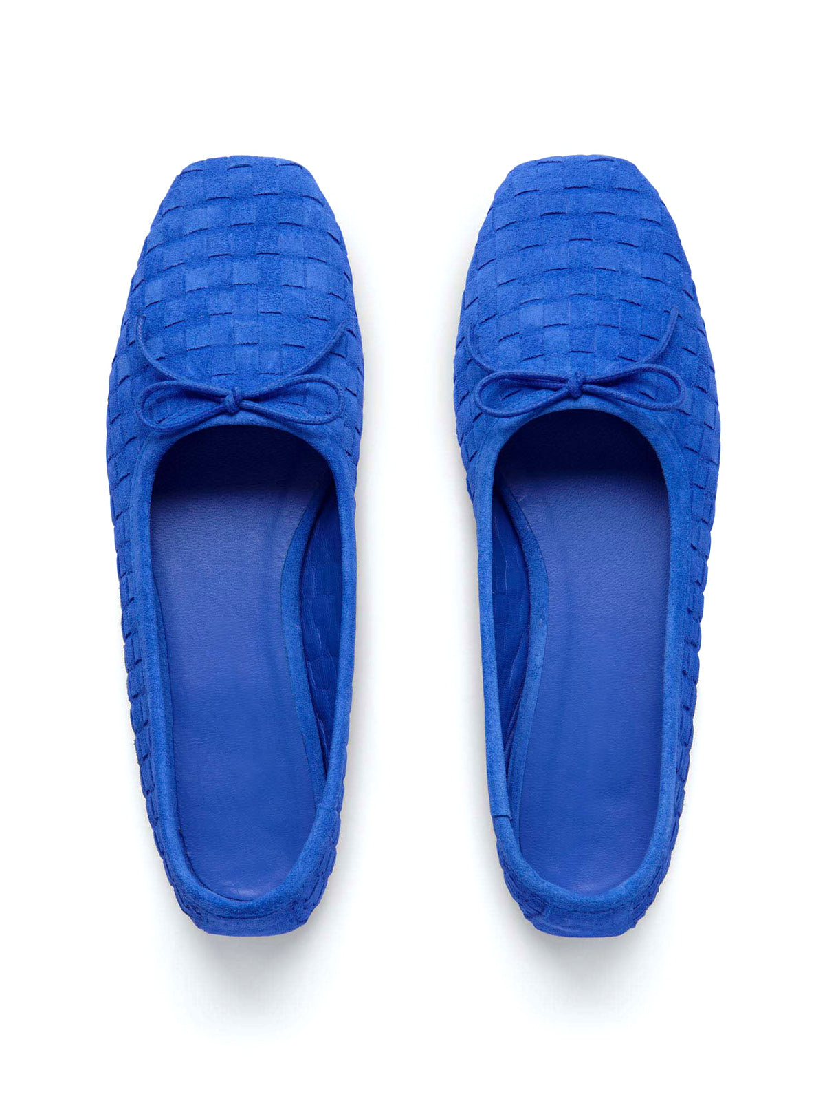 Dark Blue Woven Faux Suede Square-Toe Front Bow Ballet Flats