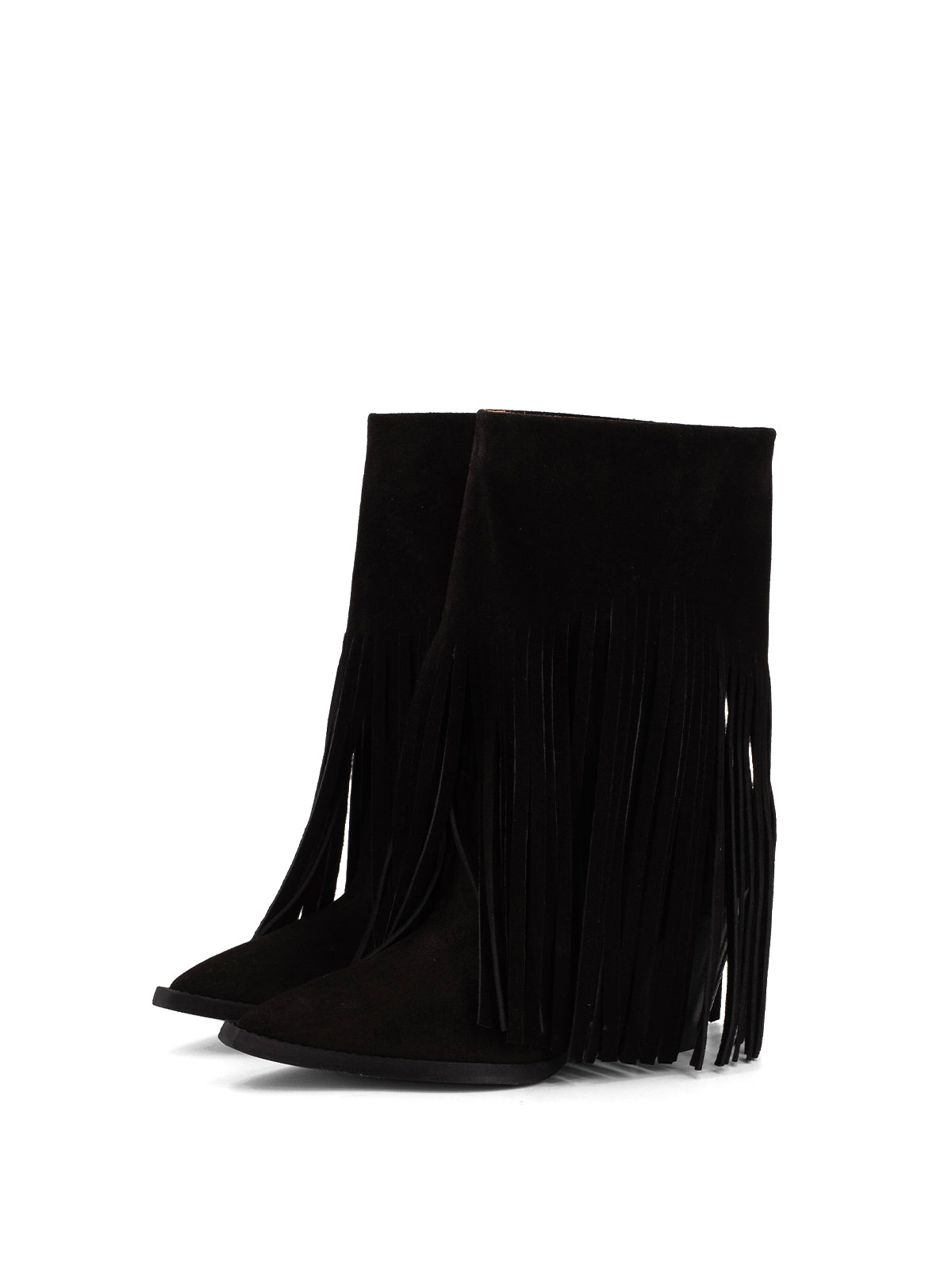 Black Faux Suede Pointed-Toe Fringe Mid Calf Cowgirl Boots