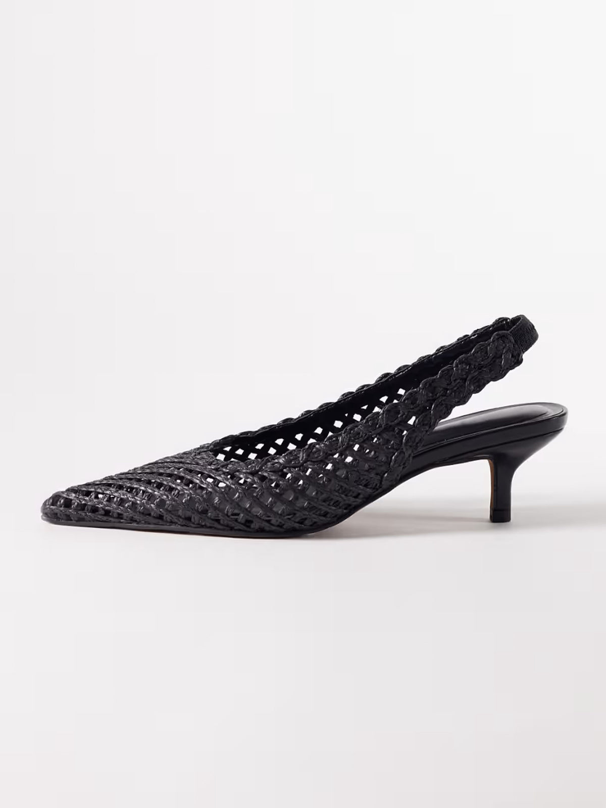 Black Rope Weaving Pointed-Toe Classic Back Strap Kitten Heels