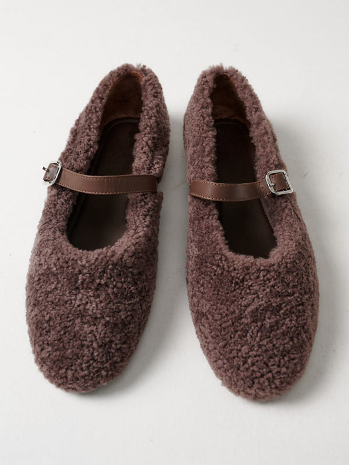 Coffee Plush Round-Toe Buckle Bridge Strap Classic Flats