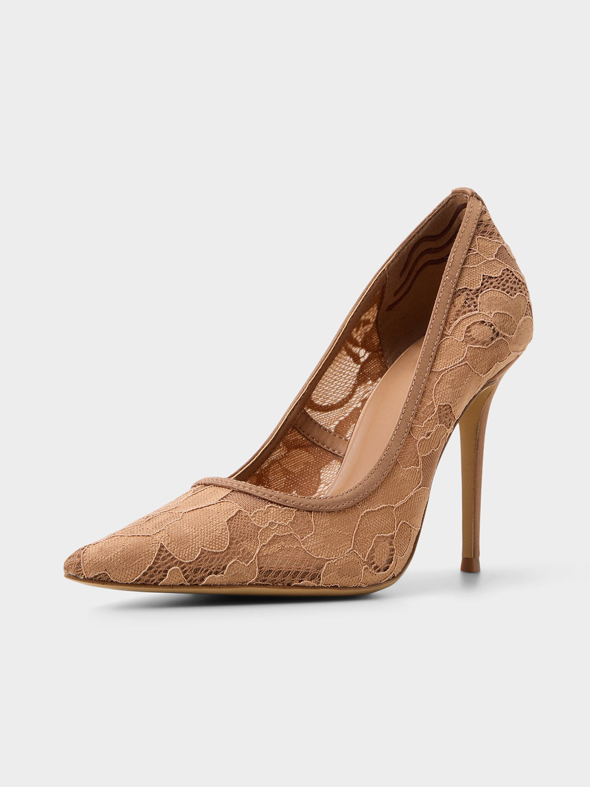 Brown Lace Mesh And Satin Pointed-Toe Slip-On Pumps High Heels
