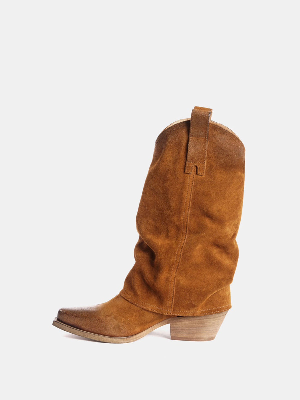 Brown Faux Suede Snip-Toe Mid Calf Fold-Over Cowgirl Boots