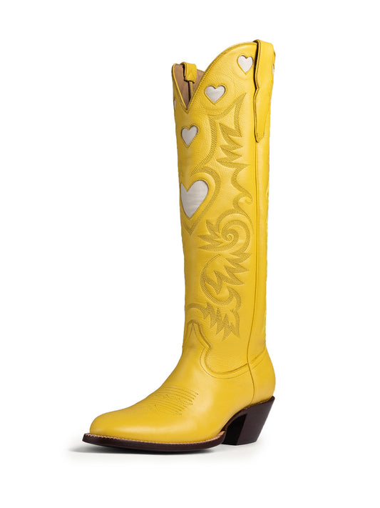 Ivory Heart Inlay Embroidery Almond-Toe Wide Calf Knee High Cowgirl Boots - Yellow