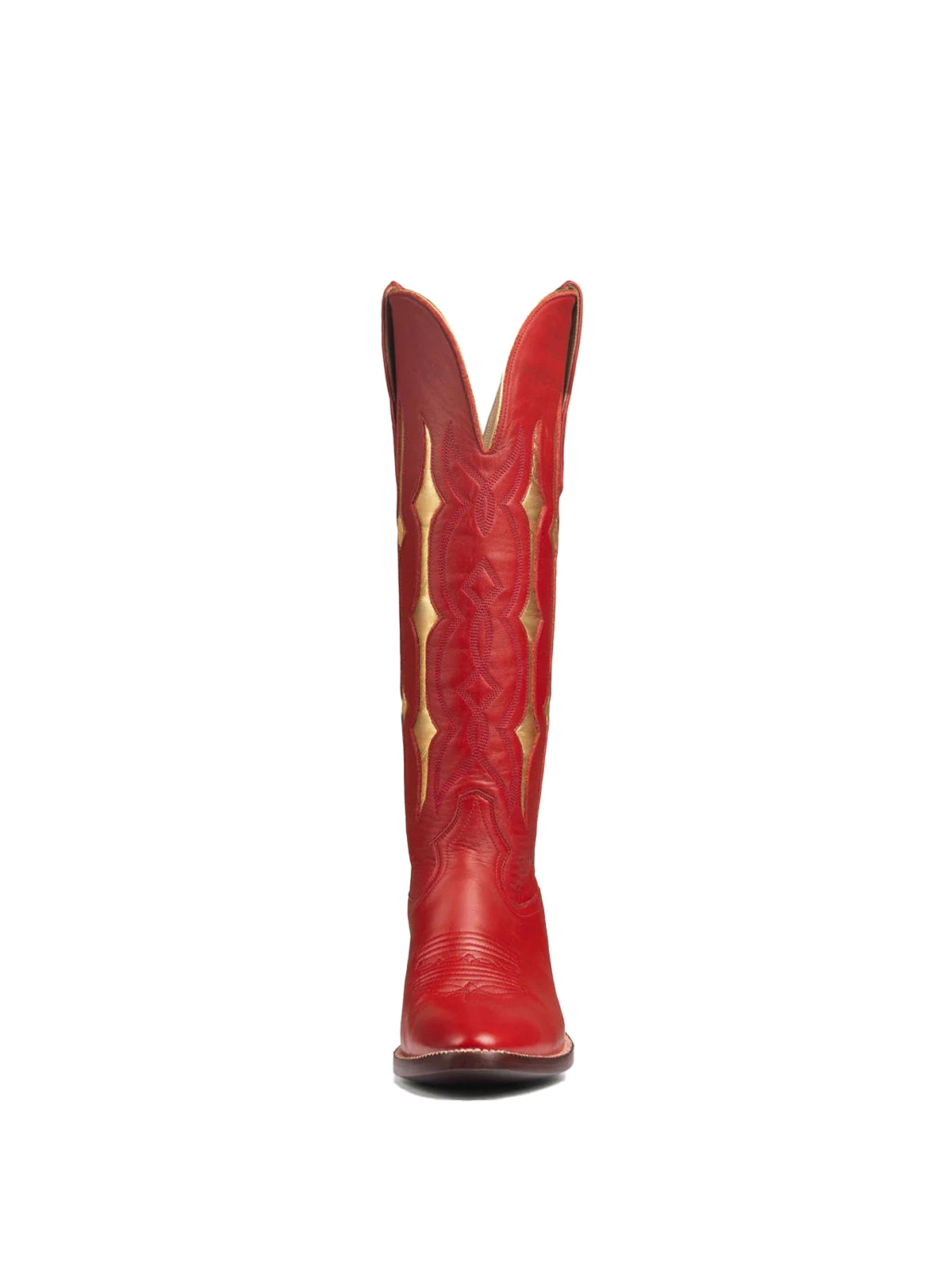 Red Contrast Metallic Gold Inlay Stitch Almond-Toe Wide Knee High Western Cowgirl Boots