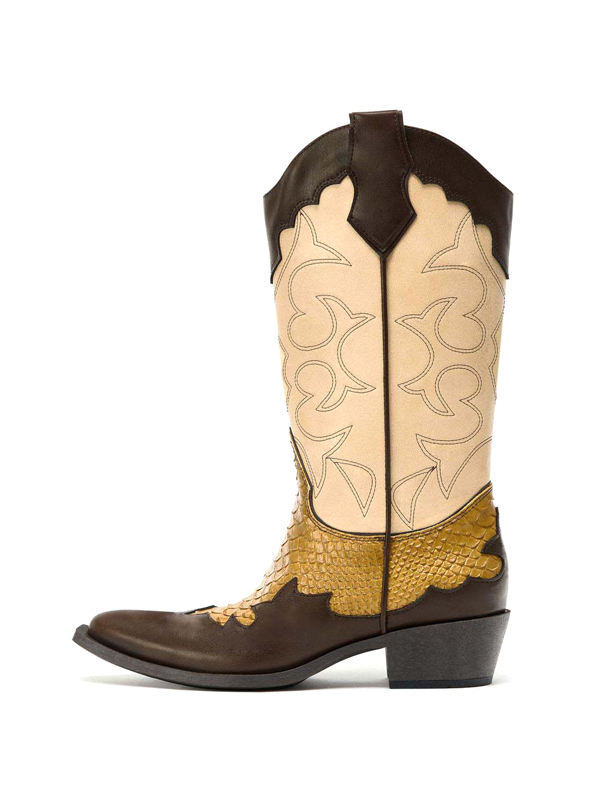 Contrast Tri-Color Almond-Toe Snakeskin Print And Inlay And Stitch Mid Calf Cowgirl Boots