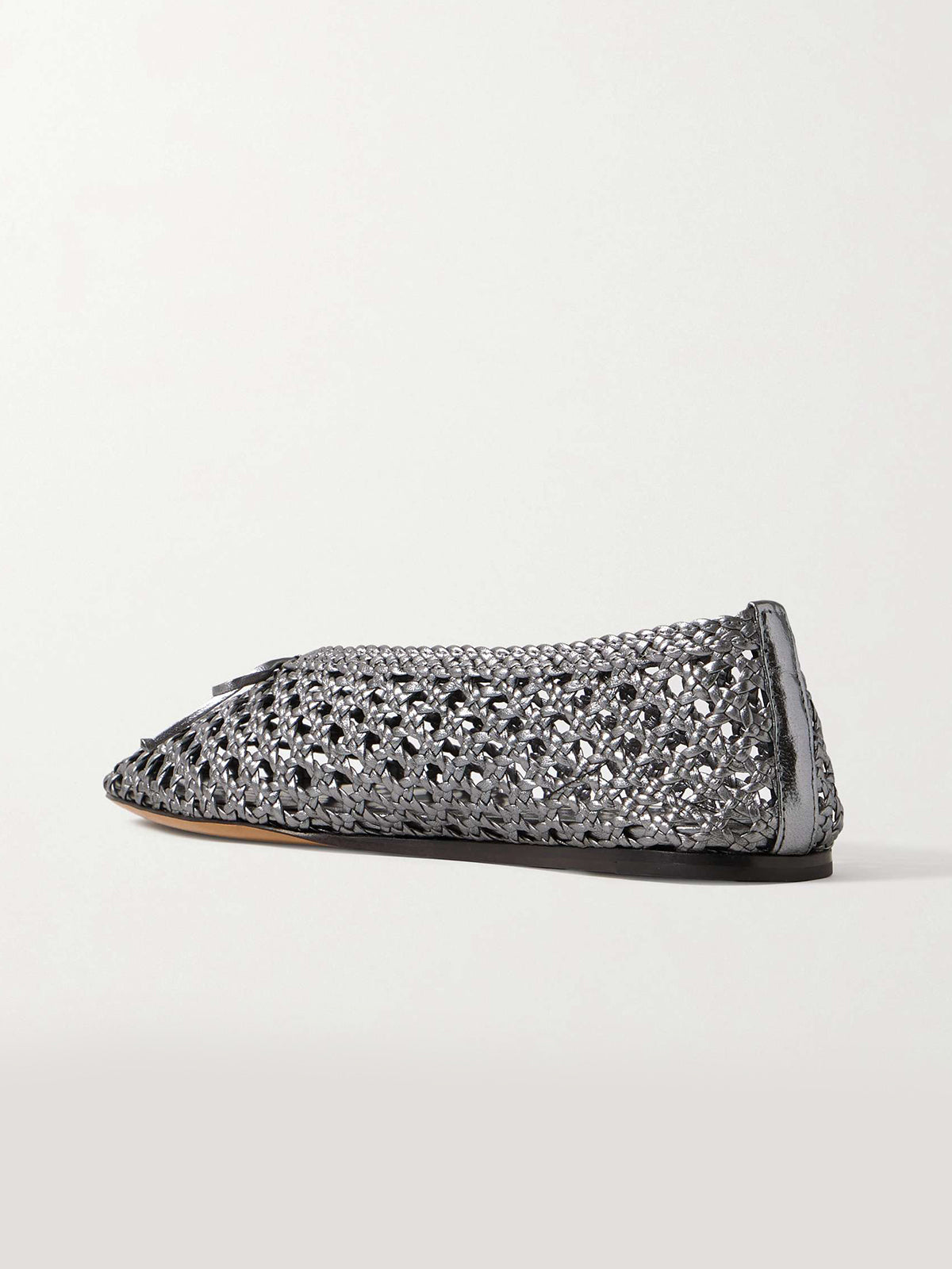Woven Round-Toe Ballet Flats With Bow - Metallic Silver