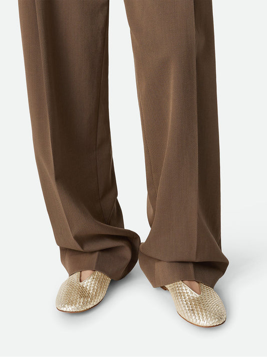 Metallic Platinum Vegan Leather Woven Round-Toe V-Cut Vamp Flats