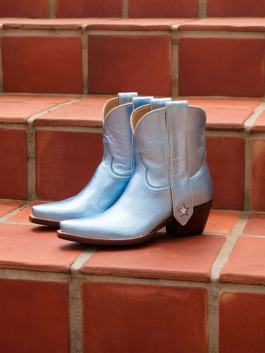 Metallic Blue Snip-Toe Long Ear Pull  With Heart Inlay Ankle Boots