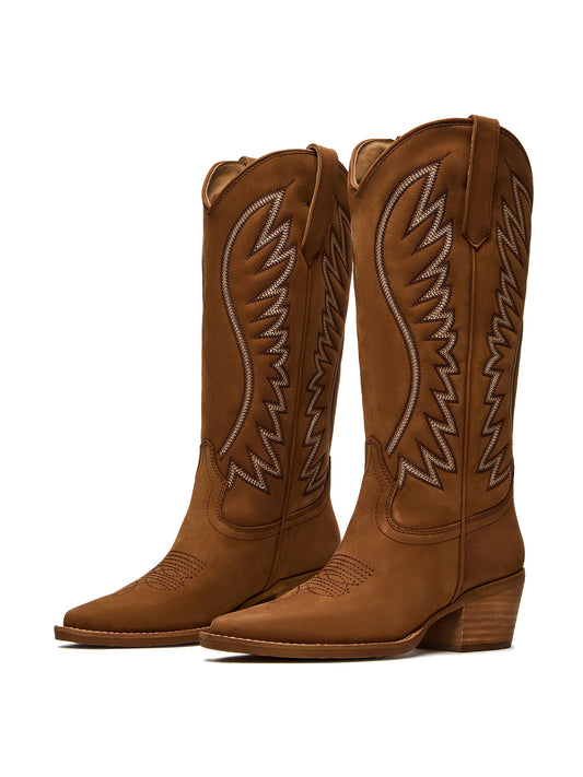 Cognac Pointed-Toe Wings Embroidery Mid Calf Cowgirl Boots