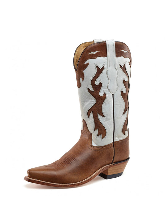 Chocolate And White Snip-Toe Flame Embroidery Mid Calf Cowgirl Boots
