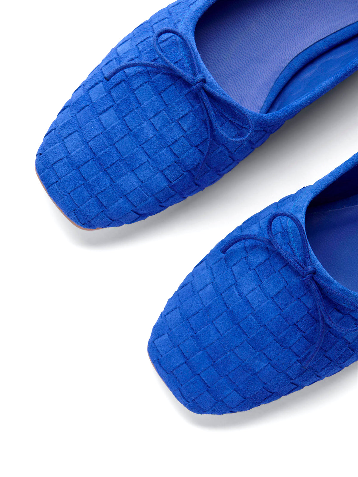 Dark Blue Faux Suede Woven Square-Toe Front Bow Ballet Flats